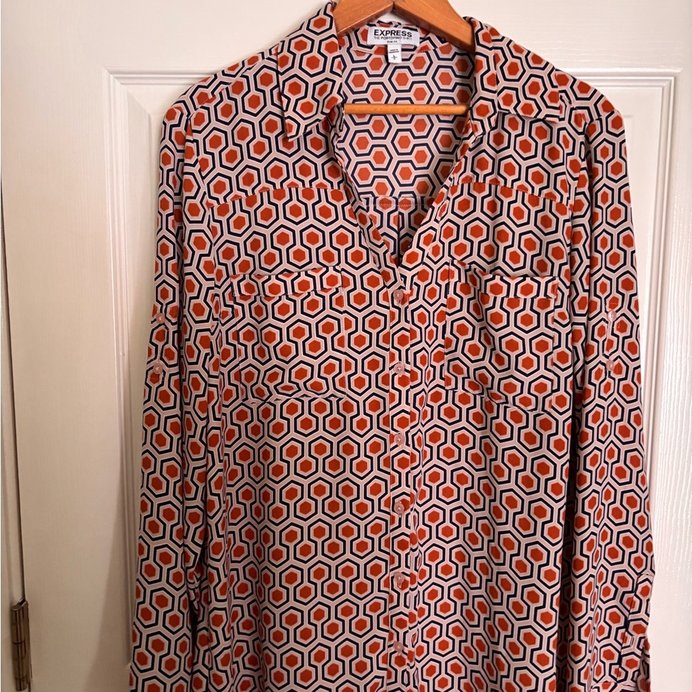 Express Portofino Shirt in Orange, Navy & White Hexagon Print - Picture 2 of 4